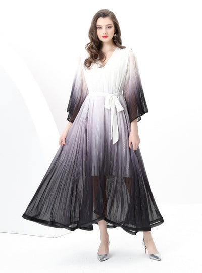 Loose V-neck Flared Sleeve Gradient Dress
