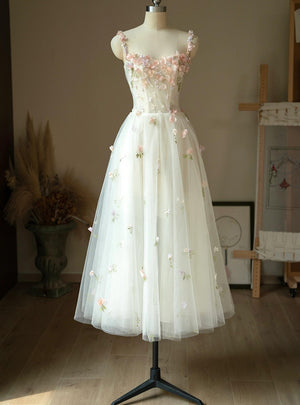 White Tulle Straps 3D Flower Tea Length Prom Dress