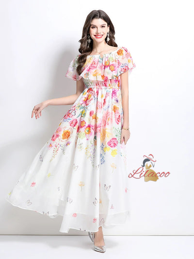 Off the Shoulder Ruffled Printed Chiffon Dress