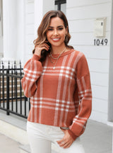 Plaid Splicing Pullover Round Neck Sweater