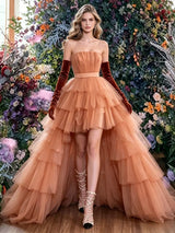Orange Tulle Strapless Pleats Prom Dress