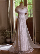 White Mermaid Sequins Bow Wedding Dress