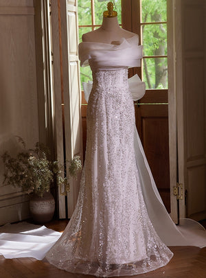 White Mermaid Sequins Bow Wedding Dress