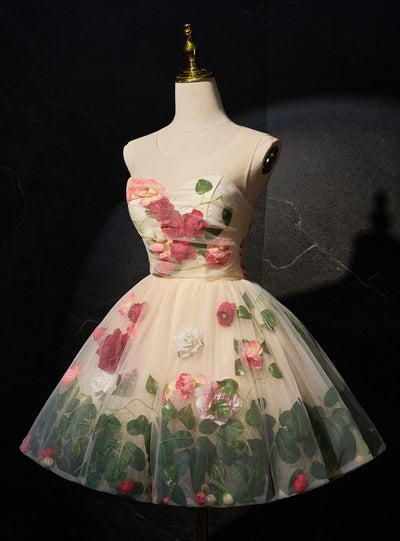 Champagne Tulle Flower Homecoming Dress