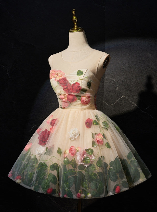 Champagne Tulle Flower Homecoming Dress
