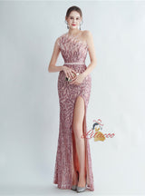 Mermaid Sequins One Shoulder Beading Split Prom Dress