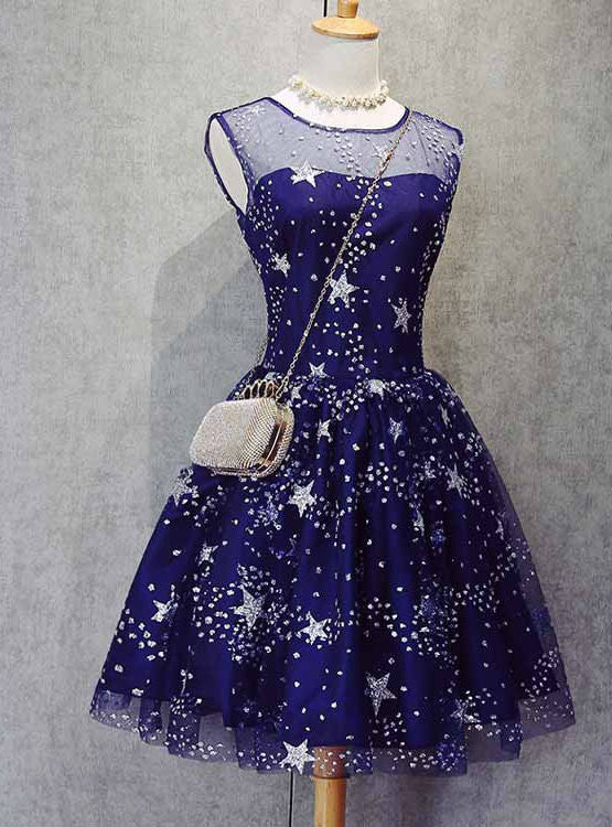 Blue Tulle Sequins Homecoming Dress