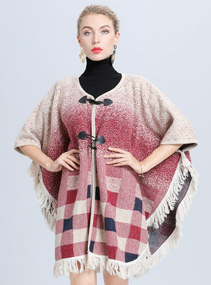 Large Size Loose Gradient Plaid Fringed Shawl