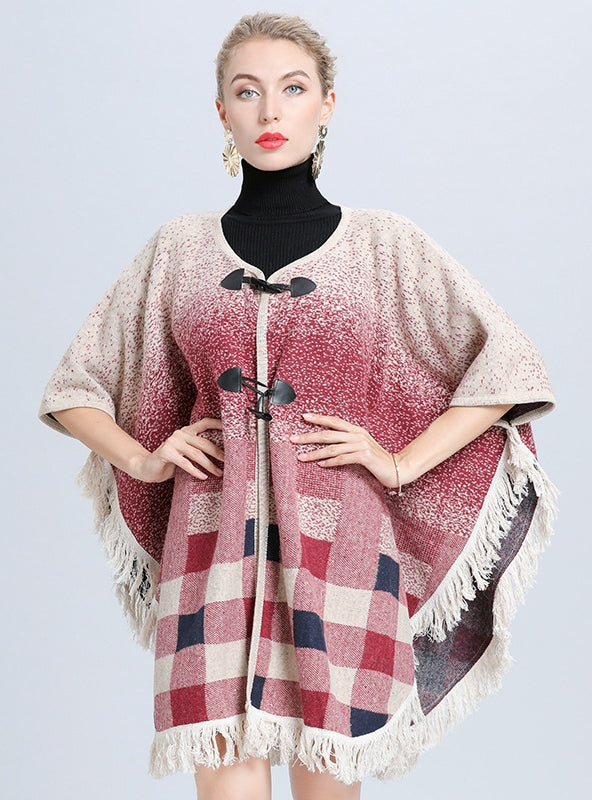 Large Size Loose Gradient Plaid Fringed Shawl