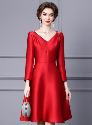 Red Satin V-neck Beading Mother Of The Bride Dress