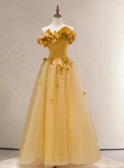Yellow Strapless Tulle 3D Flower Prom Dress