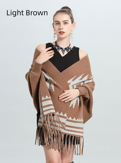 Striped Fringe Bat Sleeve Cardigan Shawl