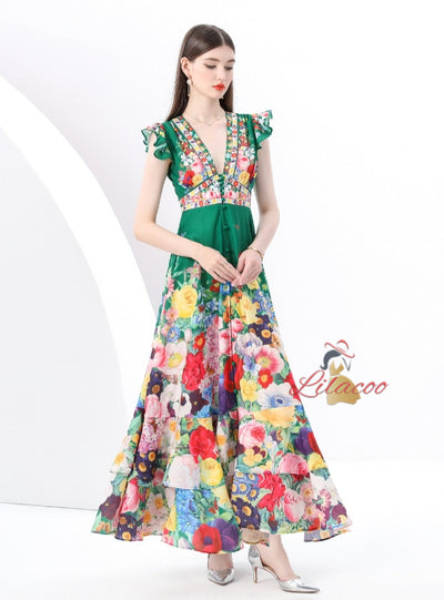 Flying Sleeve V-neck Slim Waist Printed Dress