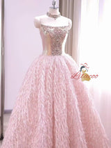 Pink Strapless Beading Crystal Prom Dress