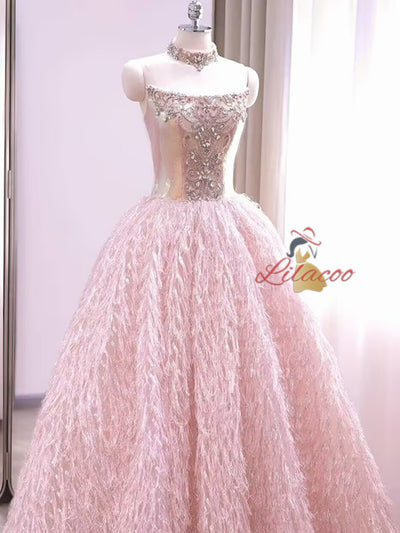 Pink Strapless Beading Crystal Prom Dress