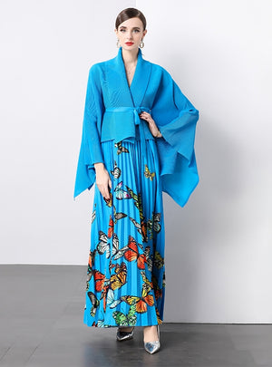 Lapels Bat Sleeves Butterfly Printed Two-piece Suit