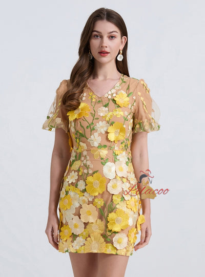 Short Sleeve  Flower Lace Short Party Dress