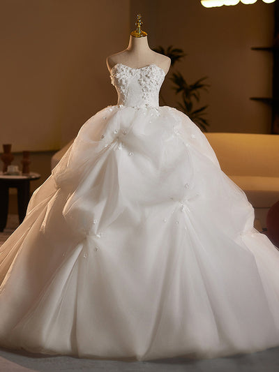 White Tulle Strapless 3D Flower Wedding Dress