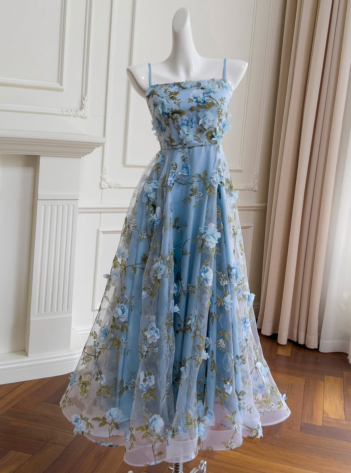 Blue Tulle Print 3D Flower Prom Dress