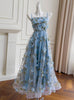 Blue Tulle Print 3D Flower Prom Dress