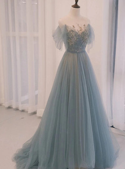 Blue Tulle Pleats Sequins Prom Dress