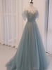 Blue Tulle Pleats Sequins Prom Dress