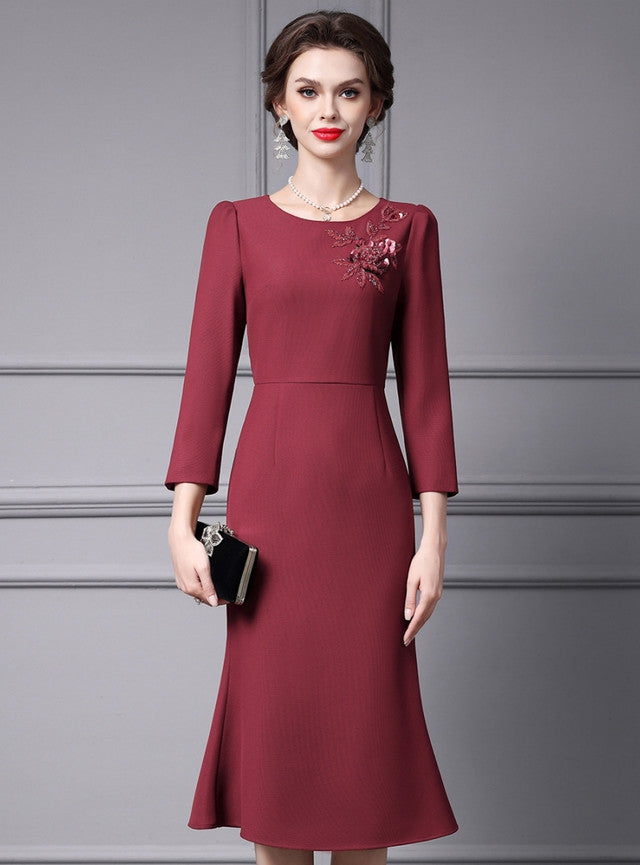 Burgundy Long Sleeve Mother of the Bride Dress