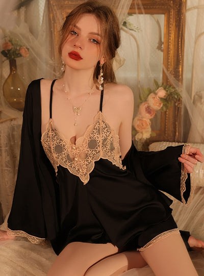 Satin Lace Suspender Top and Shorts Suit