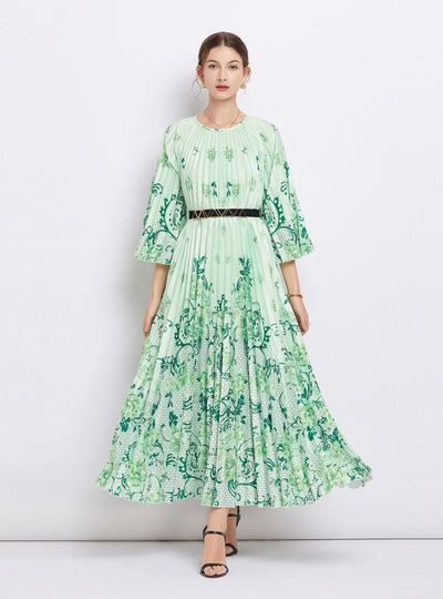 Cropped Sleeve Round Neck Printed Pleated Dress