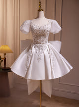 White Satin Puff Sleeve Sequins Beading Wedding Dress