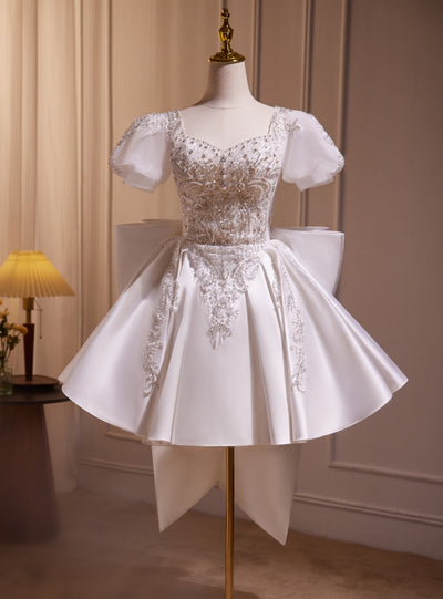 White Satin Puff Sleeve Sequins Beading Wedding Dress