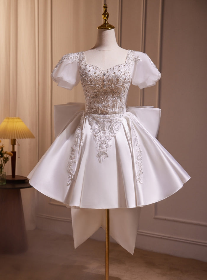 White Satin Puff Sleeve Sequins Beading Wedding Dress