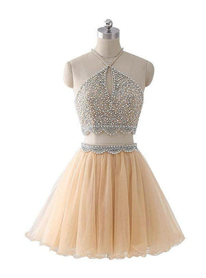 Champagne Tulle Two Piece Homecoming Dress