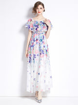 Chiffon Print Off the Shoulder Flounces Dress