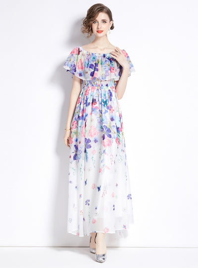 Chiffon Print Off the Shoulder Flounces Dress