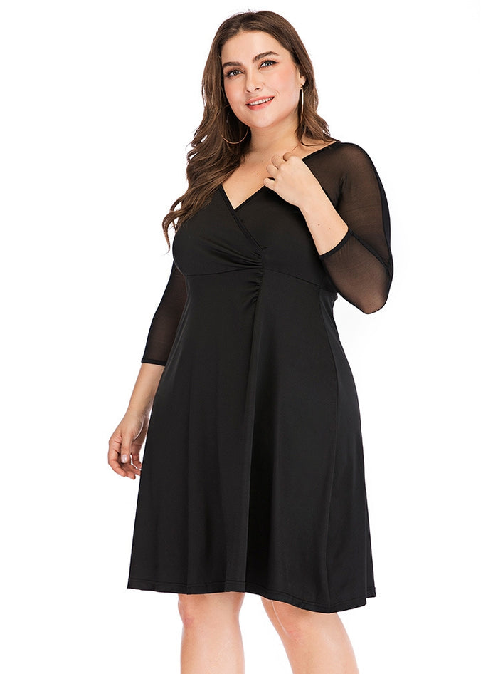 V-neck Solid Color Mesh Stitching Dress