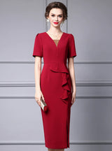 Red V-neck Beading Mother Of The Bride Dress