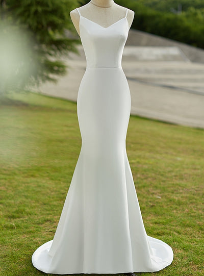 White Mermaid Spaghetti Straps Back Wedding Dress