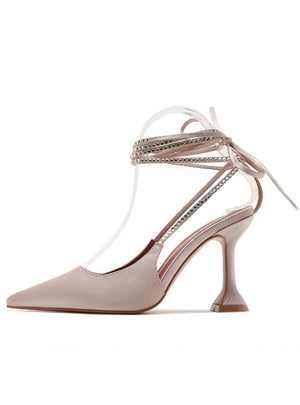 Pointed Ankle Strap Satin Sandals