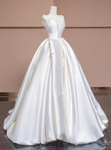 Simple Ivory White Satin Strapless Bow Wedding Dress