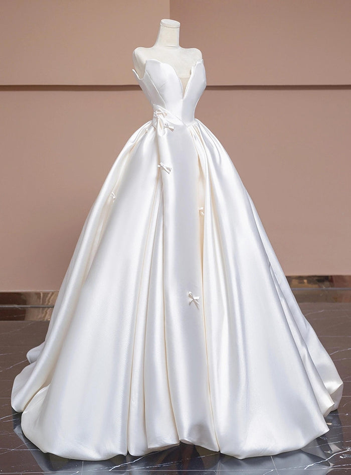 Simple Ivory White Satin Strapless Bow Wedding Dress