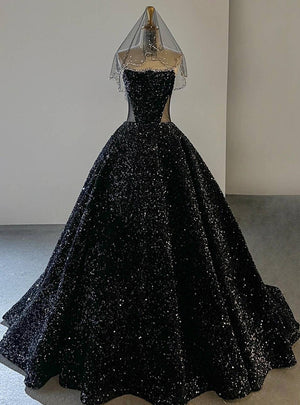 Black Sequins Strapless Beading Prom Dress