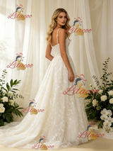 White Tulle Appliques Spaghetti Straps Wedding Dress