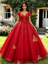 Red Sewquins V-neck Cap Sleeve Quinceanera Dress