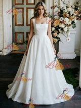 White Satin Straps Sleeveless Wedding Dress