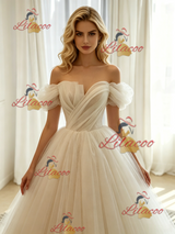 Ivory Tulle Off the Shoulder Pleats Wedding Dress