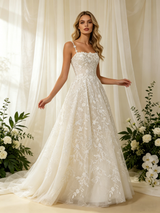 White Tulle Appliques Spaghetti Straps Wedding Dress