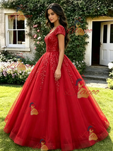 Red Sewquins V-neck Cap Sleeve Quinceanera Dress