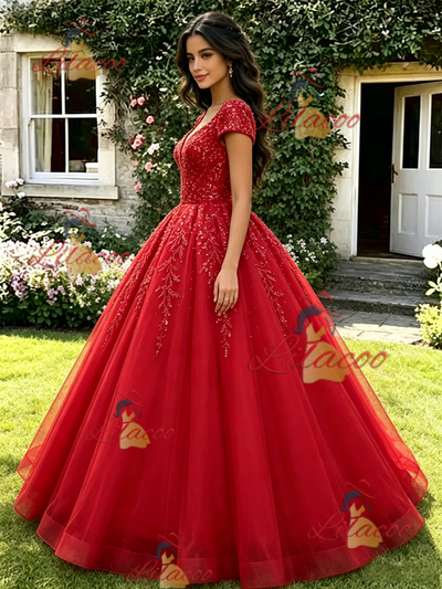 Red Sequins V-neck Cap Sleeve Quinceanera Dress