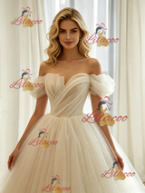 Ivory Tulle Off the Shoulder Pleats Wedding Dress